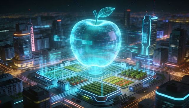 Holographic apple floating over smart urban farm in neon futuristic city nightscape