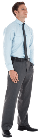 Transparent Smiling Businessman in Formal Attire with Hands in Pocket