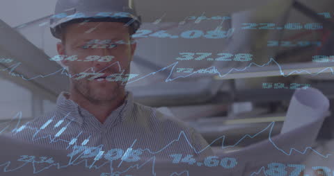 Architect Analyzing Technical Drawings with Financial Overlay