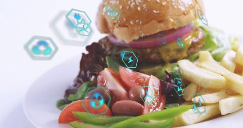 Gourmet cheeseburger with fries and fresh salad showing holographic nutritional icons