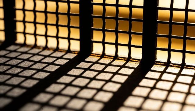 Sunlit metal grate casting square grid shadows on stone ledge with rust