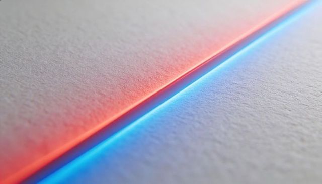 Highlighting glowing red-blue seam across textured paper edge in diagonal macro composition