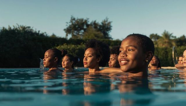 Women floating in pool forming single line at sunset resort conveying relaxation and unity