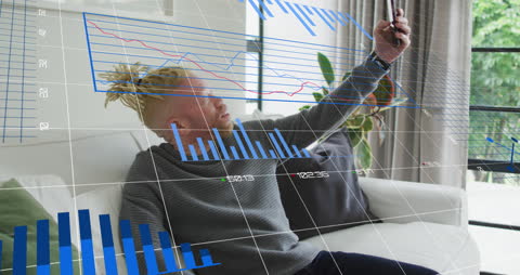 Contemporary Man Capturing Selfie with Digital Graph Overlay