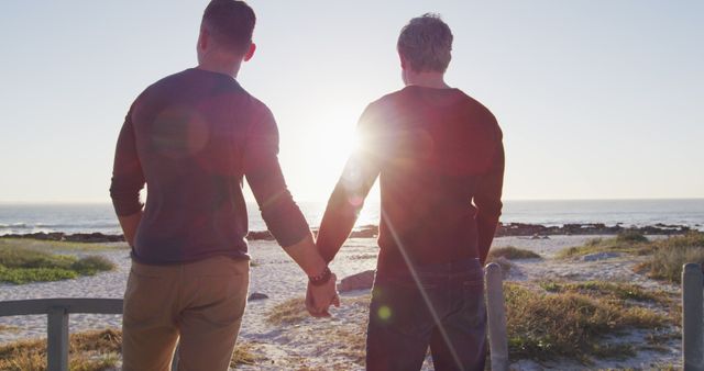 Rear view of caucasian gay male couple holding hands and talking on sunny day at the beach. summer road trip and holiday in nature.