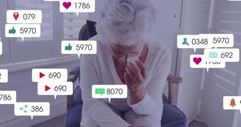 Elderly woman experiencing emotions amidst online connections