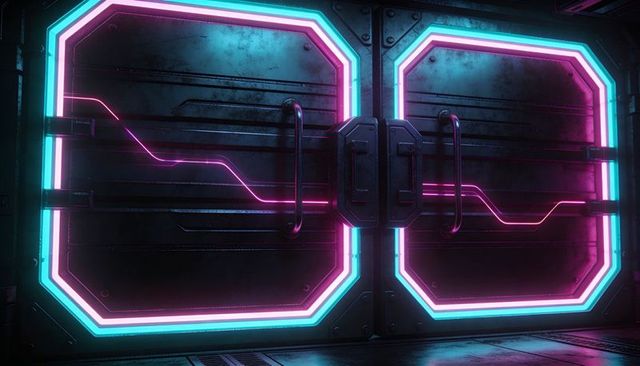 Futuristic neon bulkhead doors glowing cyan and magenta, waveform lock sliding open airlock corridor