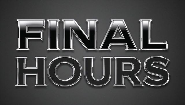 Final hours chrome 3d lettering reflecting mirror highlights, dramatic bevel shine