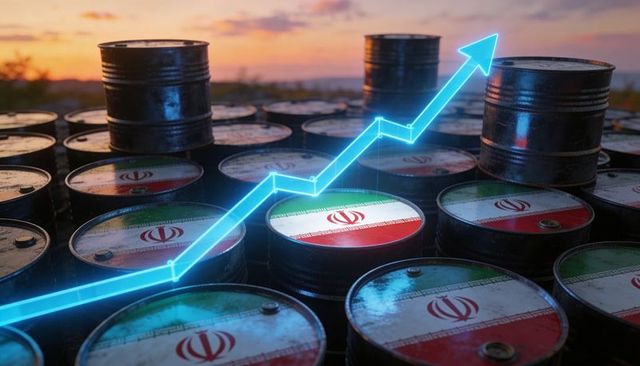 Stacked oil barrels with iran flag tops showing rising market trend neon arrow at sunset