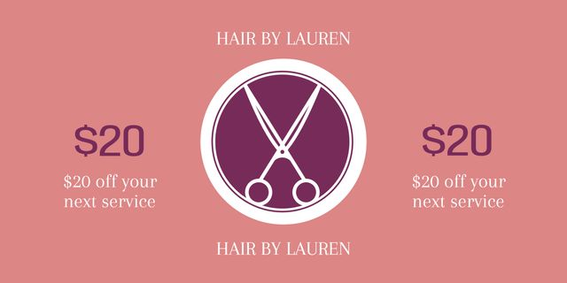 Ideal for promoting a hair salon's discount on future services. Highlights salon's unique styling with scissors icon in the center. Suitable for social media posts, email marketing, flyer designs, and salon advertisements.