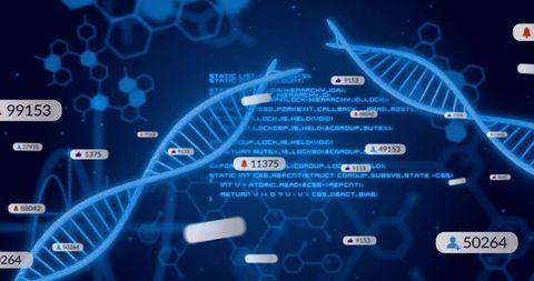 Twisting glowing dna double helix with neon data overlay on holographic biotech dashboard