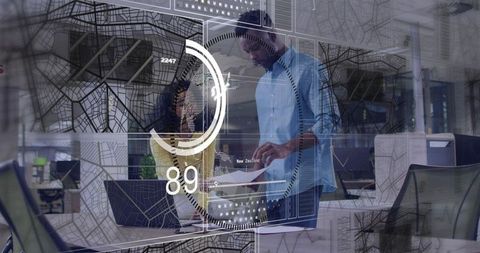Team collaborating with augmented reality analytics and interactive city map overlays