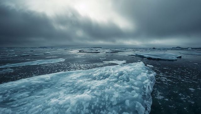 Arctic ice floe drifting across polar ocean under moody overcast sky, frozen seascape vista