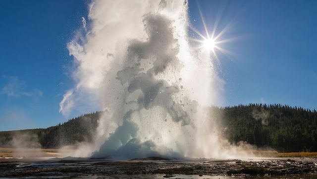 Erupting geyser blasting water and steam upward, sun starburst backlighting towering plume