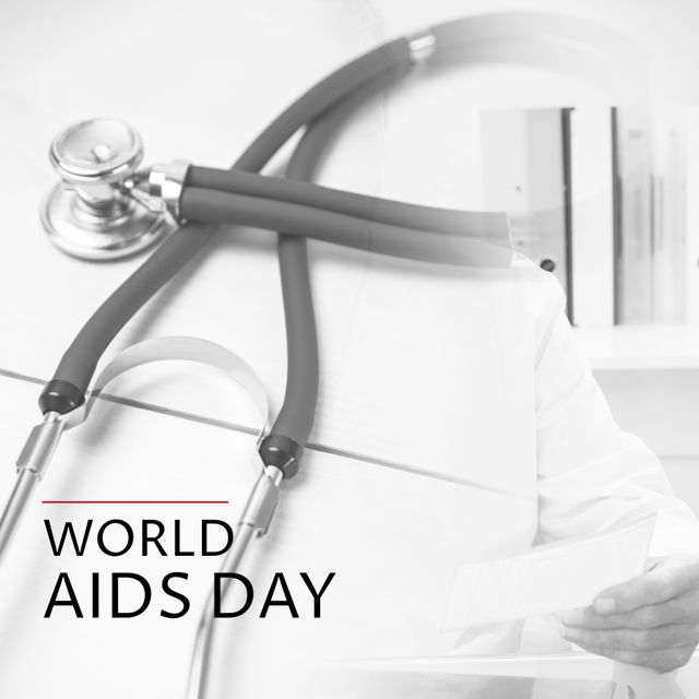 Stethoscope laying on a white surface with blurred medical professional in the background. Ideal for campaigns, educational materials, and social media posts promoting World AIDS Day awareness, healthcare initiatives, and global health efforts.