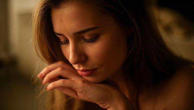 Woman resting chin on folded hands in warm studio light, intimate contemplative portrait