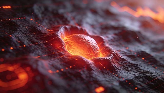 Pulsing molten orb emitting lava glow across rugged crater with futuristic hud grid