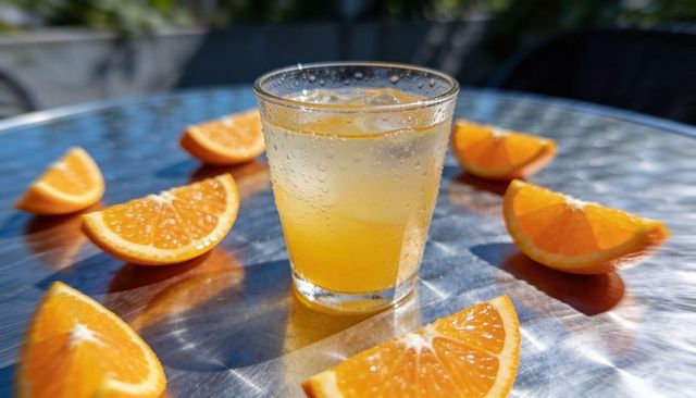 Sparkling orange cooler on sunlit metal table with ice and citrus wedges