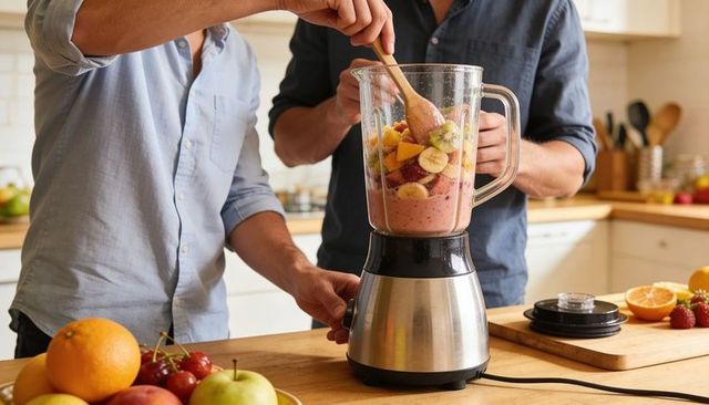 Couple making colorful fruit smoothie in bright home kitchen using blender and wooden spoon
