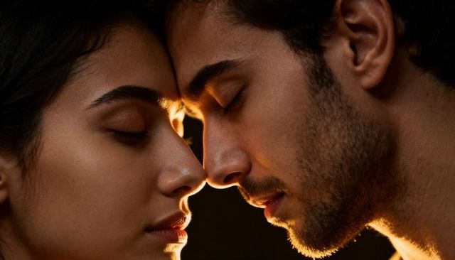 Intimate couple touching foreheads and noses under warm rim lighting closeup romance portrait