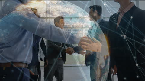 Global Business Team Shaking Hands with Digital Earth Overlay