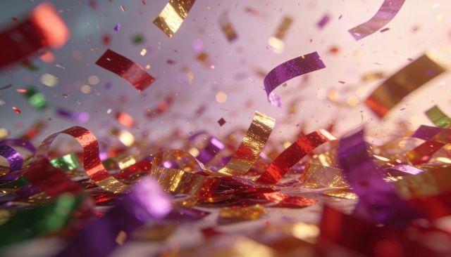 Shimmering metallic streamers and confetti swirling across festive table catching light