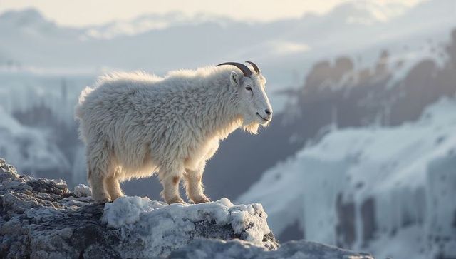 Standing white mountain goat surveying snowy cliff edge with curved horns at alpine ridge