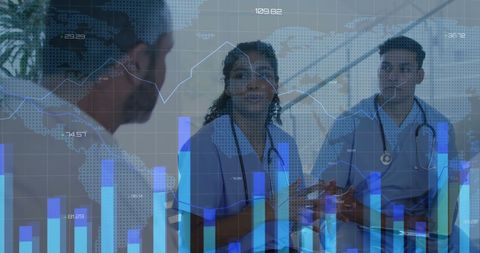 Multicultural medical team discussing healthcare data on digital screen