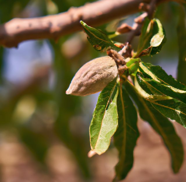 Close-up of an almond maturing on a tree branch in an orchard. Leaves surrounding the nut highlight its natural setting. Useful for illustrating almond cultivation, organic farming, healthy eating, and agriculture-related content.