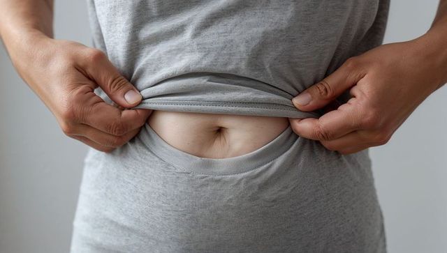 Lifting grey tee revealing bare abdomen and navel, closeup minimalist female midsection
