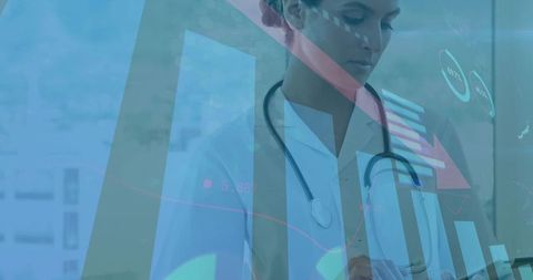 Doctor Reviewing Healthcare Analytics on Tablet with Stethoscope and Dashboards