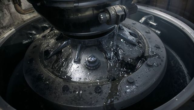 Rotating cnc spindle receiving coolant on circular flange with metal shavings and bolts