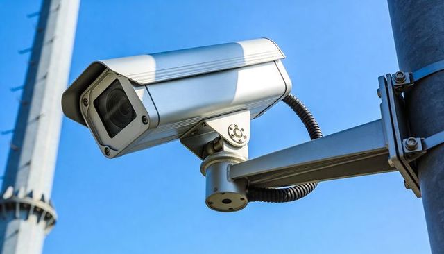 Monitoring outdoor cctv camera swiveling on pole with metal housing and sun shield