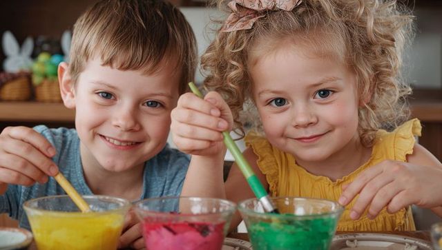 Siblings joyfully engaging in vibrant art activity at home