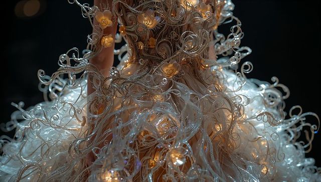 Illuminated filament couture gown with glowing led flowers and translucent wearable sculpture