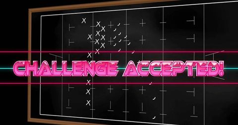 Retro neon challenge accepted! glowing 3d typography on chalkboard with synthwave lines