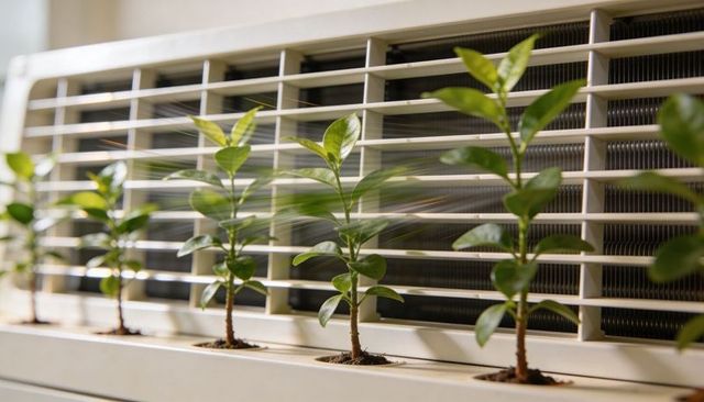 Young saplings swaying in indoor vent planter beside cooling unit, green growth concept