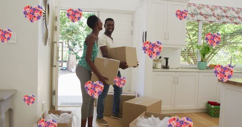 Happy Couple Moving into New Home Surrounded by Floral Hearts