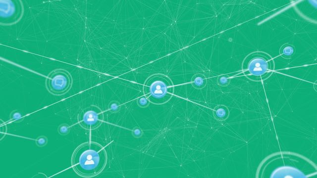 Animated depiction of a digital network on a green background with interconnected constellations. Use for themes like global connectivity, information technology networks, or data communication visualizations.