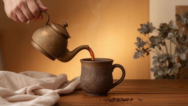 Pouring ornate teapot filling embossed mug steam rising warm amber light