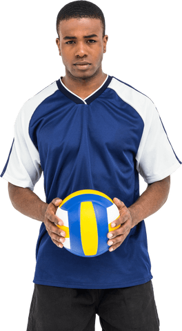 Transparent young male athlete in blue jersey holding volleyball