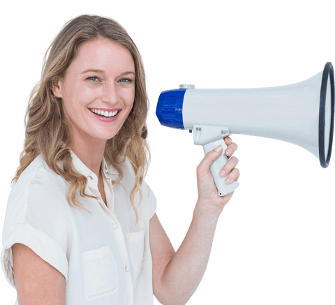 Smiling woman with transparent background holding megaphone