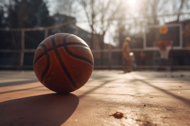 Close-up image of a basketball on an outdoor court with a hoop and player in the blurred background during sunset. Suitable for use in sports-related materials, fitness blogs, recreational activity promotions, or inspirational sports quotes.