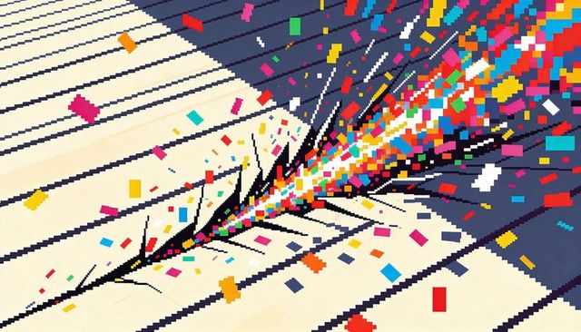 Jagged keyboard fissure releasing cascade of colorful pixel confetti across diagonal keys
