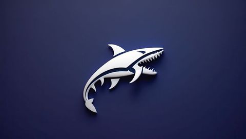 Minimalistic metallic megalodon icon on navy blue background