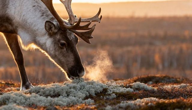 Grazing reindeer feeding on lichen at dawn with breath vapor backlit antlers