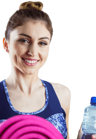 Transparent smiling woman holds yoga mat and water bottle