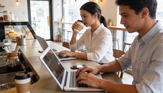 Young professionals working on laptops in modern cafe coworking space drinking coffee