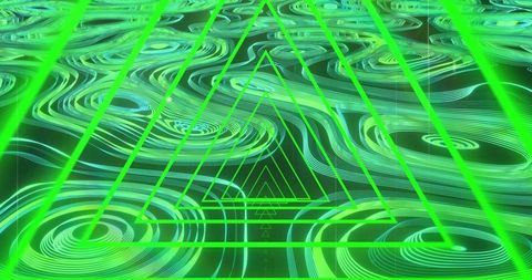 Neon green nested triangle hologram with concentric ripples and geometric wireframe