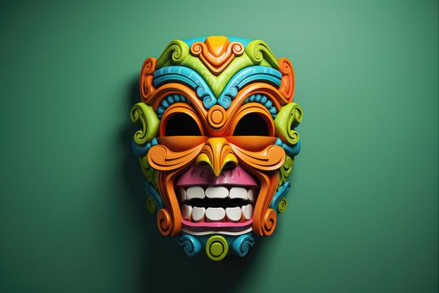 Brightly painted tribal mask sculpture hanging on a smooth green wall. Suitable for use in articles or projects related to cultural traditions, decorative arts, interior design, and handmade crafts.